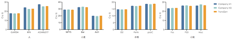 使用Company V1、Company V2、TransGen產(chǎn)品，以不同物種RNA為模板  進(jìn)行反轉(zhuǎn)錄后定量擴(kuò)增不同基因。 結(jié)果表明，TransGen產(chǎn)品可適用于多種物種。