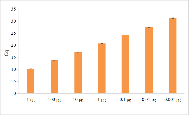 以梯度稀釋的1 ng質(zhì)粒DNA為模板，使用TransGen產(chǎn)品進行擴增。結(jié)果顯示，TransGen產(chǎn)品擴增靈敏度高。