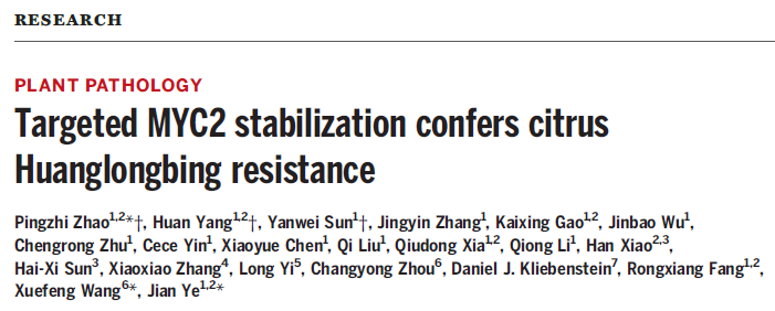 Targeted MYC2 stabilization confers citrus Huanglongbing resistance Targeted MYC2 stabilization confers citrus Huanglongbing resistance